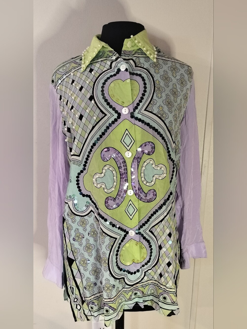 Light Green & Lilac Geometric Print Long Sleeve Women's Blouse